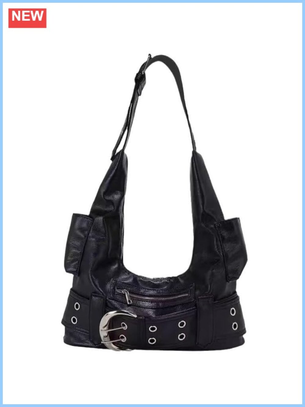 Punk Hobo Bag PU Metal Buckle Eyelet Studded Shoulder Purse